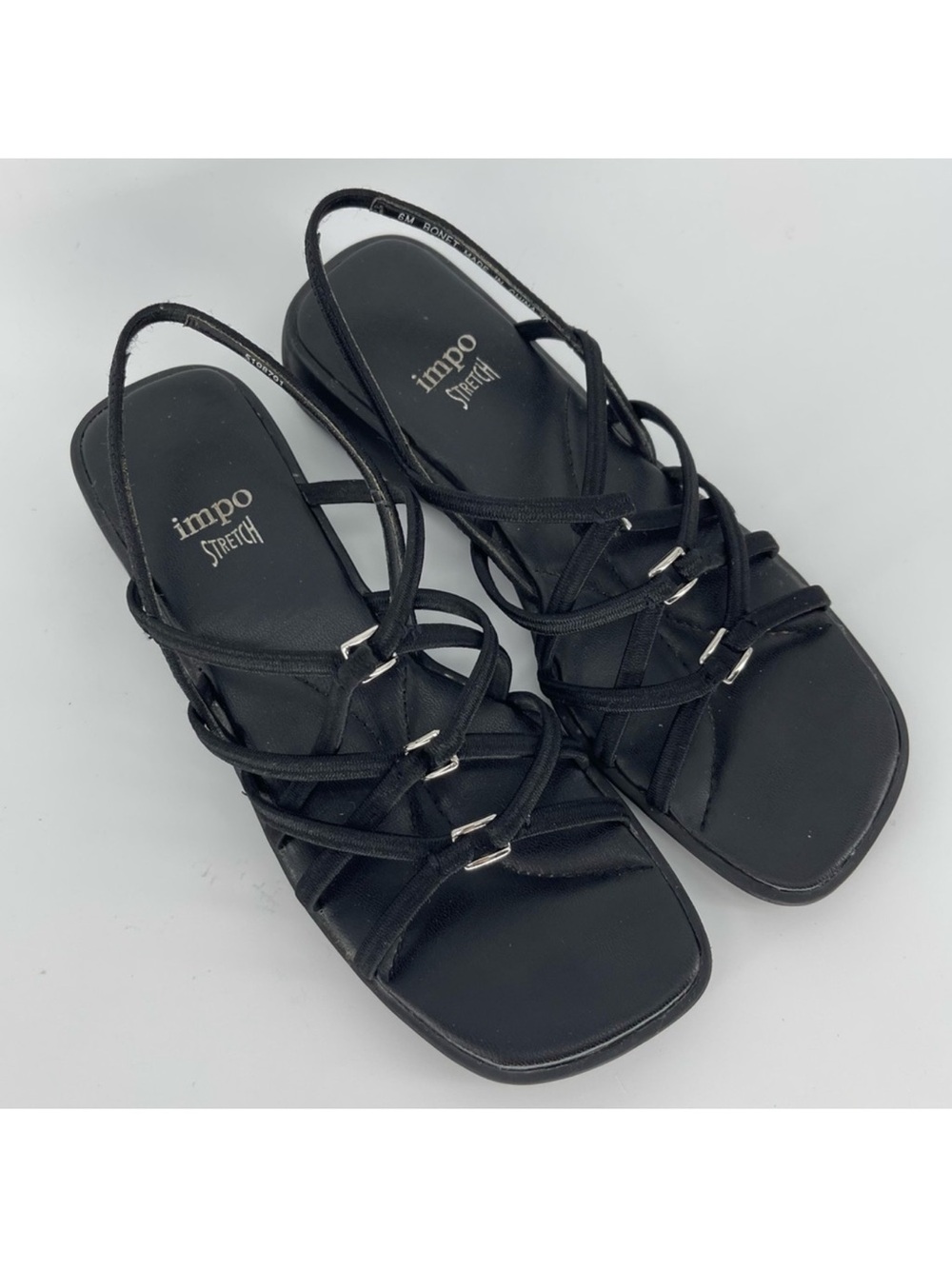 Impo Stretch Bonet Strappy Square Toe Sandal Flats, Black/Silver, Women's 6